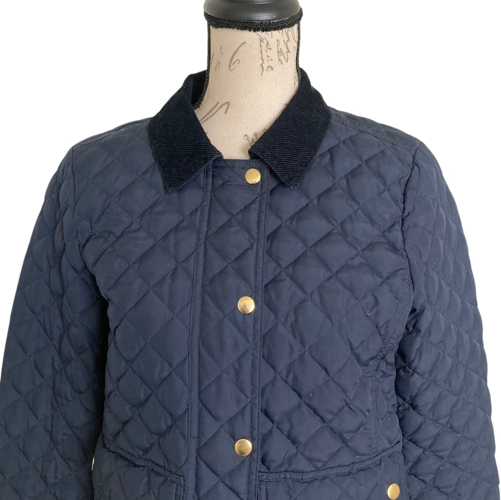 J. Crew Barn Quilted down Jacket Coat size S Navy Blue Corduroy collar Preppy - Picture 6 of 17